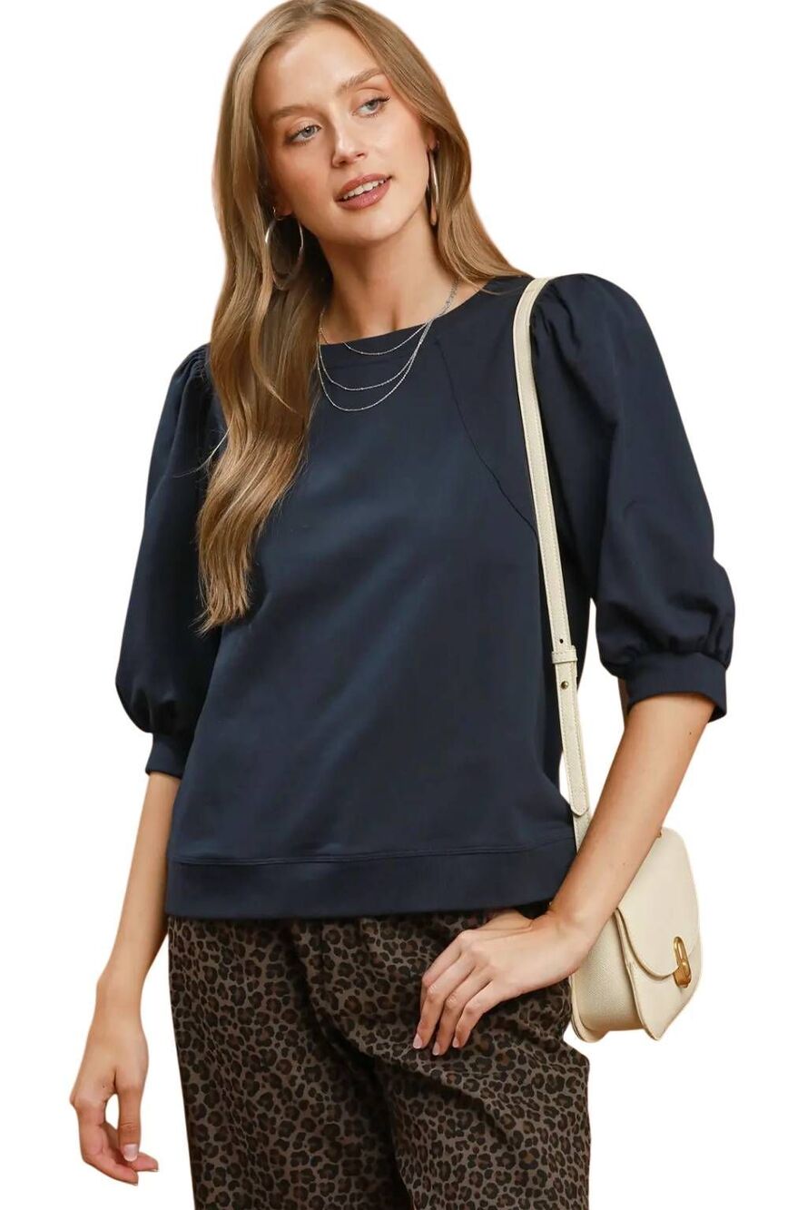 Umgee Navy Puff Sleeve Cozy Round Neck Sweatshirt sz Large 8/10